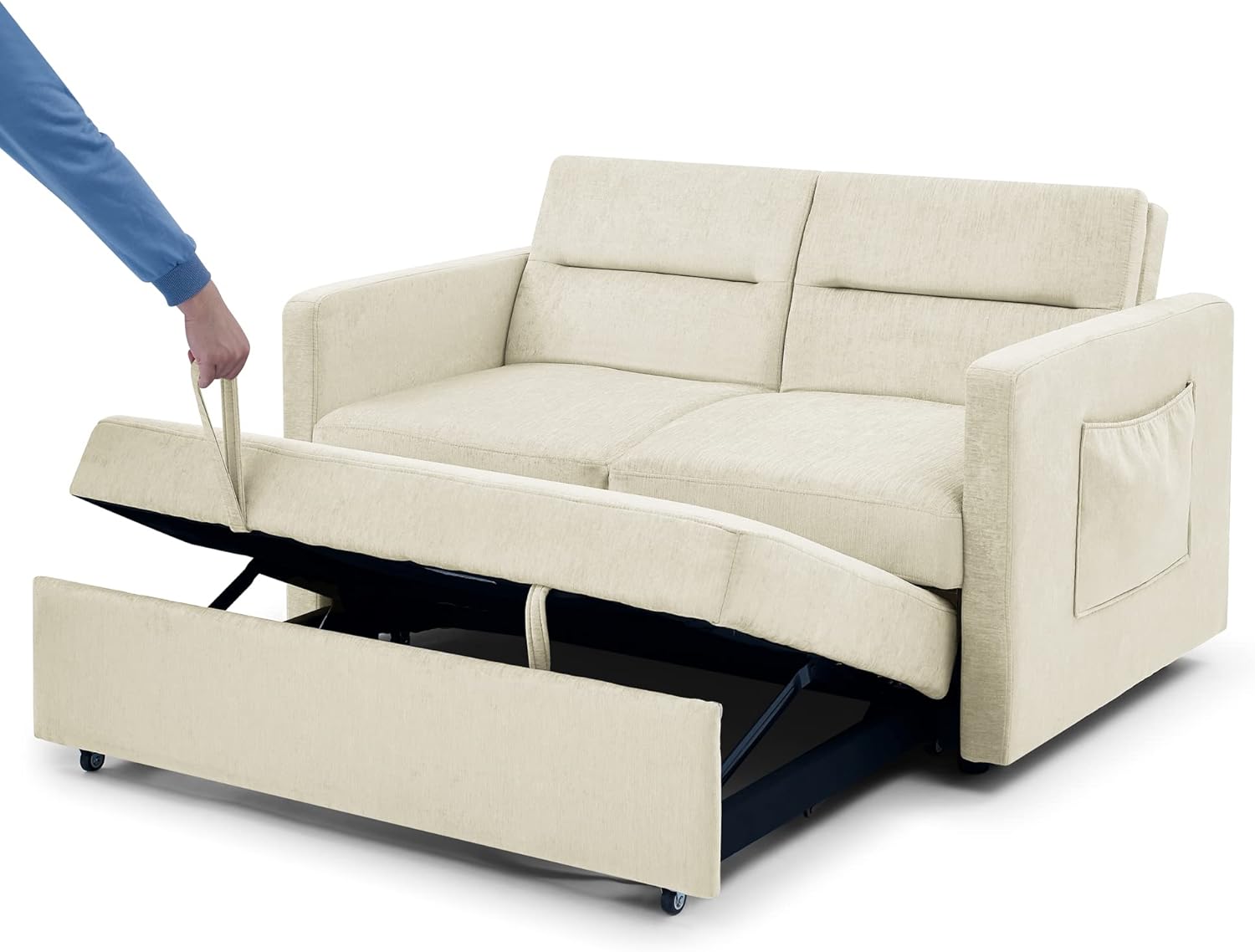 3 in 1 Convertible Sleeper Bed, Modern Loveseat Sofa & Pull Out Futon Couch, Small Love Seat Lounge Chaise w/Reclining Backrest, 2 Pockets, Furniture for Living Room, Beige Velvet 54.5"