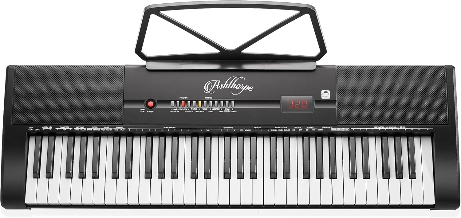 Ashthorpe 61-Key Digital Electronic Keyboard Piano with Light Up Keys, Includes Stand, Bench, Headphones, Mic and Keynote Stickers
