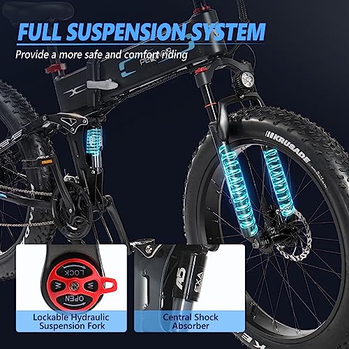 PEXMOR Electric Bike for Adults, 750W(Peak 1000W) 30MPH | Full Suspension Mountain Ebike, 60+ Miles 48V 12AH Removable Battery, 26 Fat Tire Foldable Commuter Electric Bicycle 21 Speed, UL2849