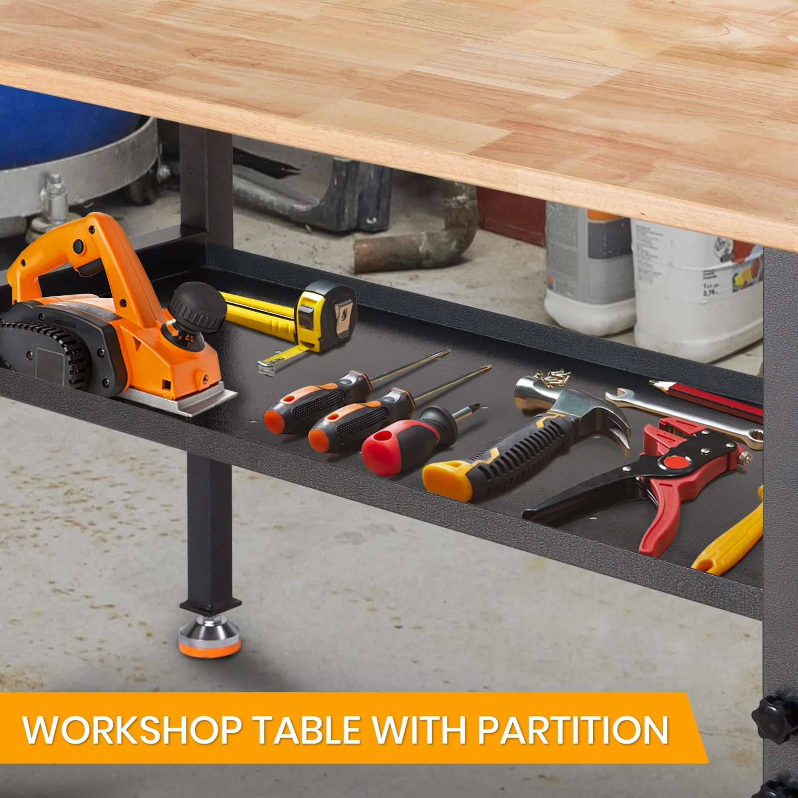 Polar Aurora 48" Adjustable Heavy-Duty Workbench, Rubber Wood Top Worktable with partition