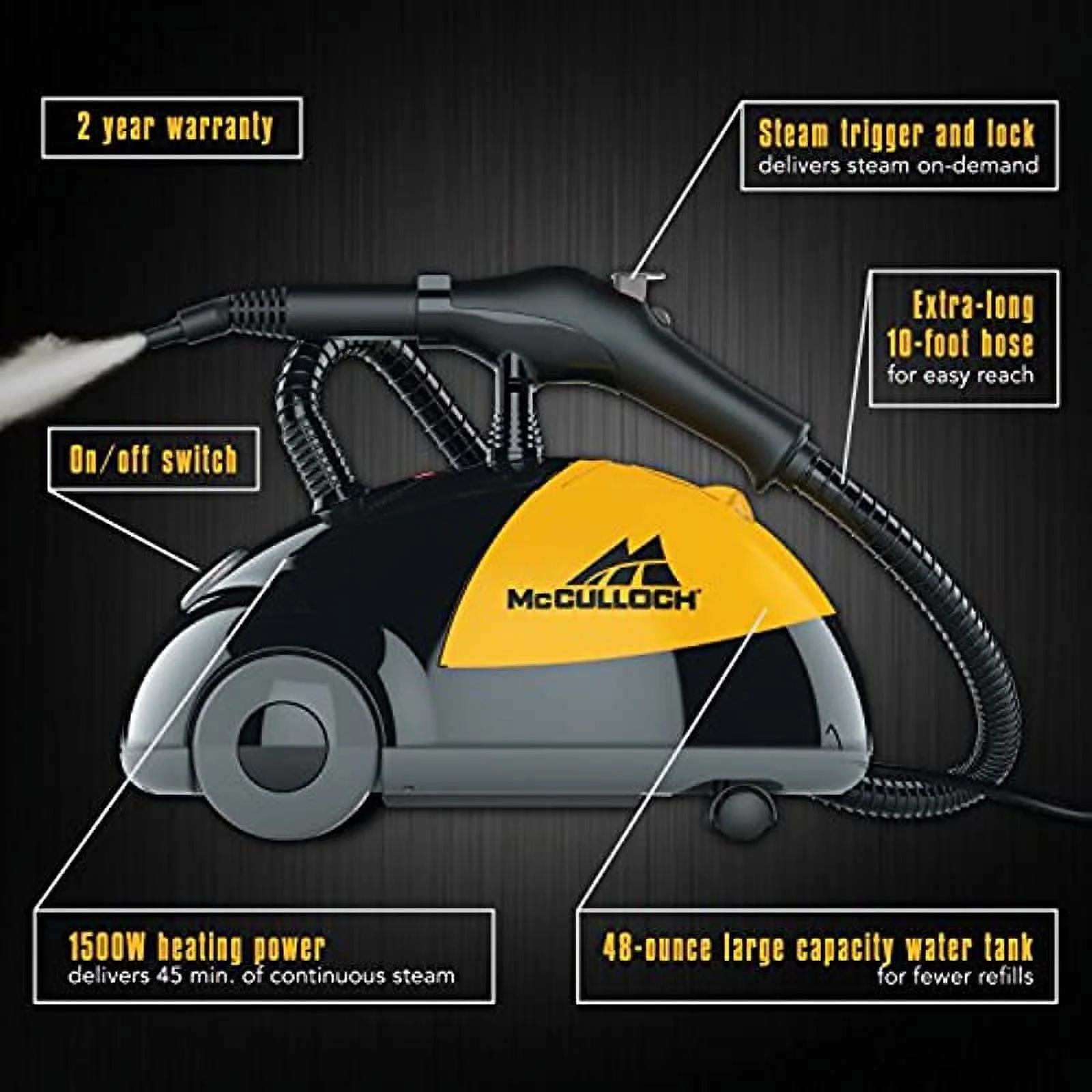 McCulloch MC1275 Heavy-Duty Steam Cleaner with 18 Accessories, Extra-Long Power Cord, Chemical-Free Pressurized Cleaning for Most Floors, Counters, Appliances, Windows, Autos, and More, Yellow/Grey