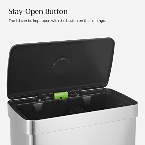 SONGMICS Kitchen Trash Can, 16 Gallons (2 x 8 Gallons) Dual Compartment Garbage Can, 60L Pedal Recycling Bin, Stay-Open Lid and Soft Closure, Stainless Steel, 15 Bags Included, Silver ULTB202E01