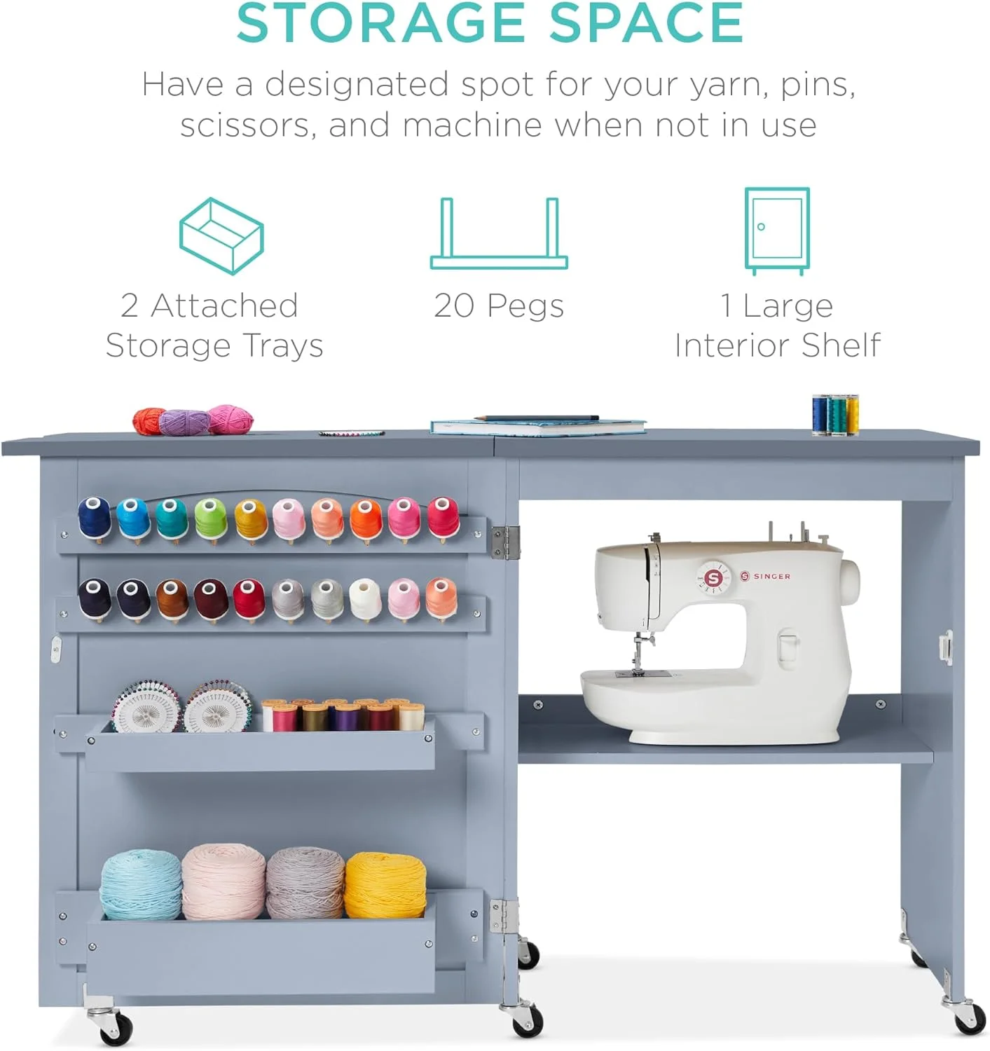 Folding Sewing Table Multipurpose Craft Station & Side Desk with Compact Design, Wheels, Shelves, Storage Trays, Pegs, Magnetic Doors, Metal Doorknobs - Gray
