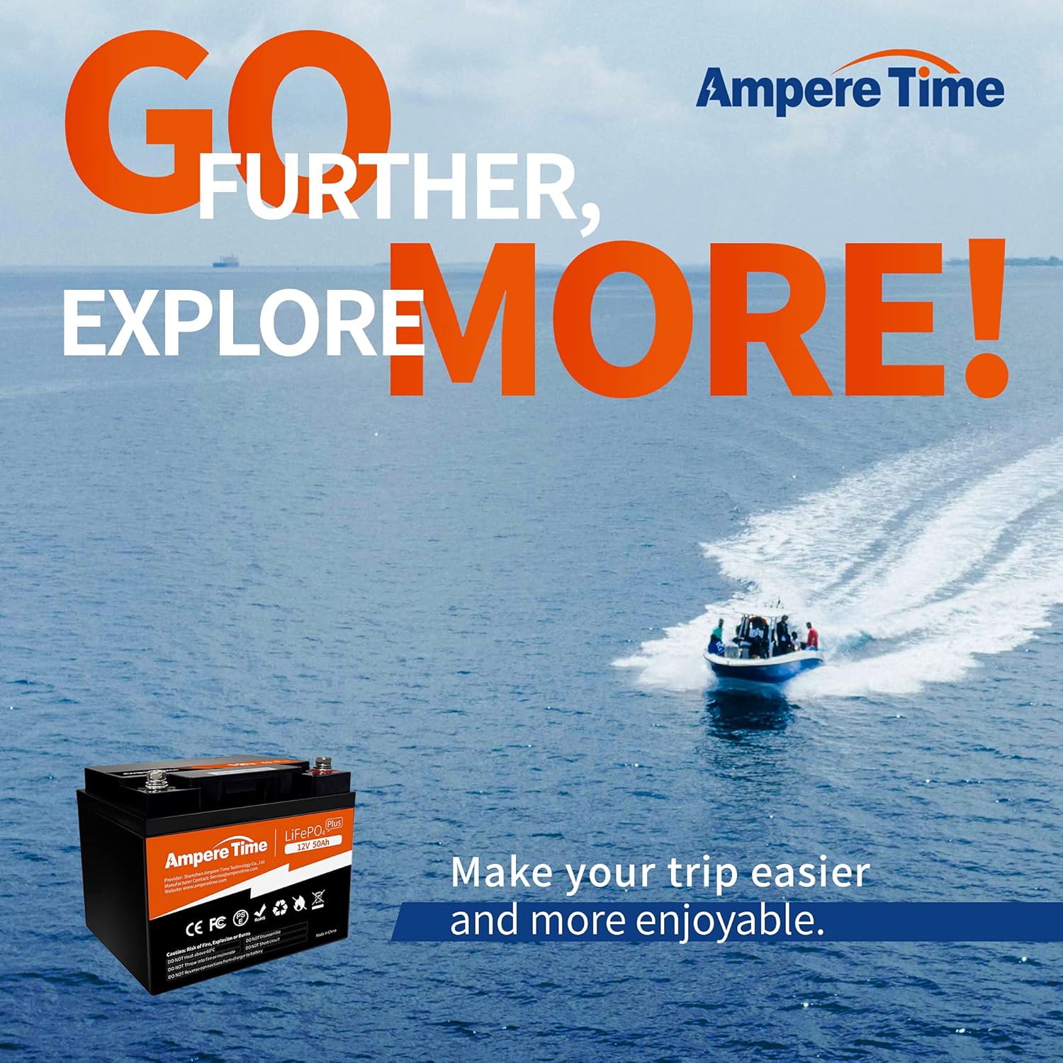 Ampere Time 12V 50Ah Lithium LiFePO4 Battery, Ideal Replacement for?12V 100Ah AGM SLA Battery, More Efficient Output & Much Lighter, 4000+ Cycles, Perfect for Boat, Security Devices, Camping, etc.