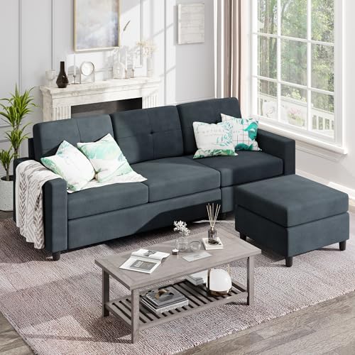 Shintenchi Upholstered Convertible Sectional Sofa for Living Room, 3 Seat L Shaped Couches with Storage Function Ottoman, Modern Linen Convertible Sofas with Reversible Chaise