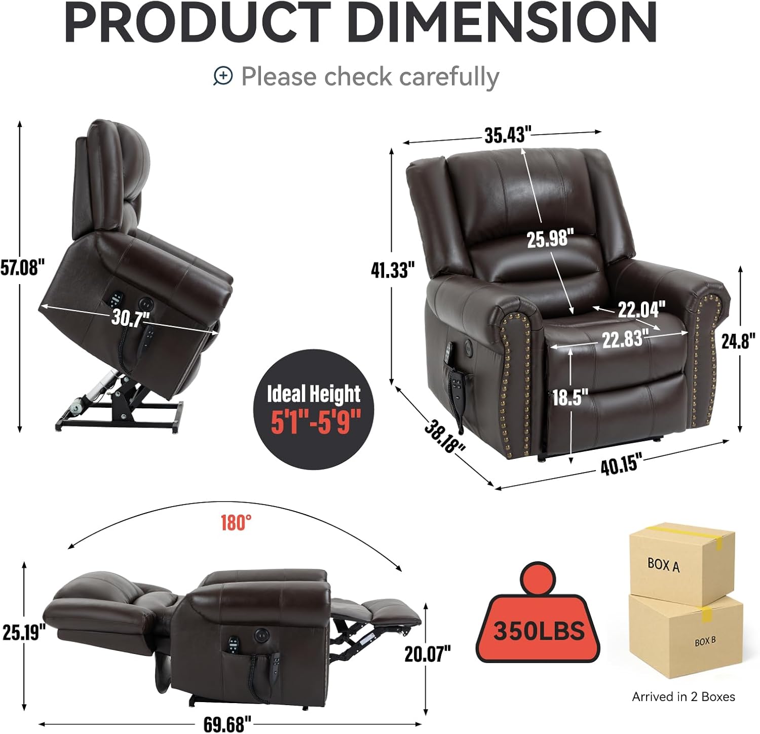 Power Lift Recliner Chair Heat Massage Dual Motor Infinite Position Up to 350 LBS, Genuine Leather, Heavy Duty Motion Mechanism with USB Ports, Brown