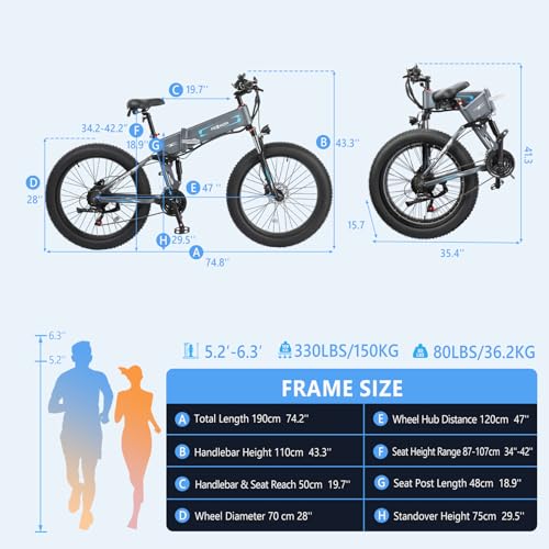 PEXMOR Electric Bike for Adults, 750W(Peak 1000W) 30MPH | Full Suspension Ebike, 60+ Miles 48V 12AH Removable Battery, 26" Fat Tire Foldable Mountain Commuter Electric Bicycle 21 Speed, UL2849