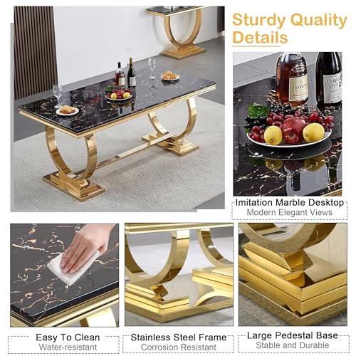 7 Piece Marble Dining Table Set for 6, Luxury White Marble Gold Kitchen Table with 6 Grey Velvet Upholstered Chairs, Modern 6 Person Dining Room Table Set for Kicken Dining Office Room