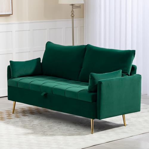 60'' Loveseat Sofa Couch with Storage, Modern Loveseat Couch with 4 Pillows & Metal Legs, 2 Seater Sofa with USB & Type C for Living Room,Bedroom, Apartment(Grey-Blue)