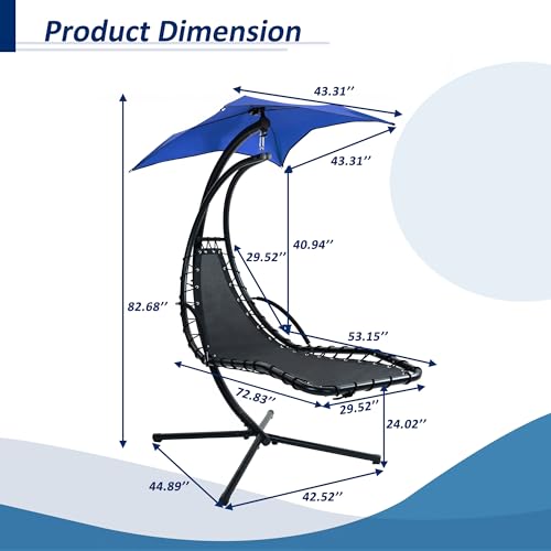 Hanging Chaise Lounger with Removable Canopy Outdoor Indoor Hammock Swing Chair with Cushion Built in Pillow, Curved Zero Gravity Chaise Lounge Chair for Patio Porch Poolside (Navy)