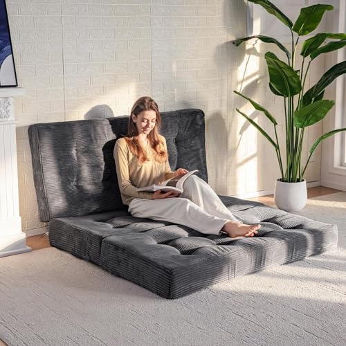 MAXYOYO Tri-Fold Mattress, 6 Inch Tufted Folding Mattress Full Foam Bed, Foldable Floor Mattress Guest Bed Mattress Topper Portable Camping Sleeping Bed with Corded Fabric, Black, 53"x75"