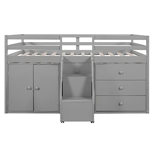 Full Size Low Loft Bed with Retractable Writing Desk, Storage Bed with 4 Drawers and Shelves, Wooden Loft Bed with Lateral Portable Desk for Kids Teens Adults Bedroom (White-Full)