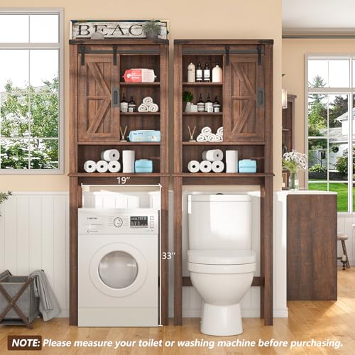 Farmhouse Over The Toilet Storage Cabinet, 68" Tall Bathroom Storage Cabinet with Sliding Barn Door & Adjustable Shelves, Above Toilet Storage for Bathroom, Laundry Room, Rustic Oak & White