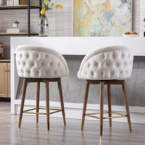 Guyou 26” Swivel Velvet Counter Stools Set of 2, Upholstered Counter Height Bar Stools with Tufted Back Kitchen Island High Chairs with Wood Legs and Gold Footrest for Pub Home Bar Dining Room (Black)