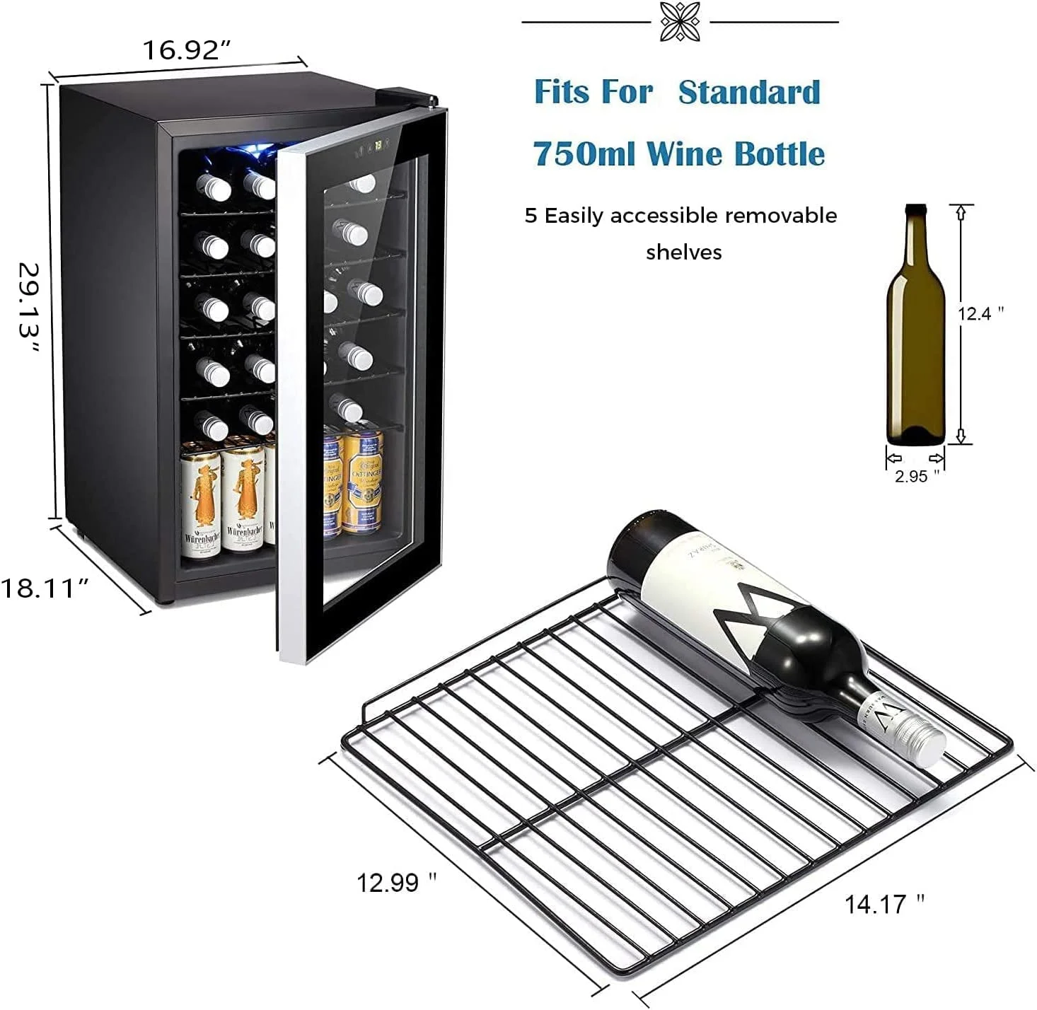 24 Bottle Wine Cooler/Cabinet Beverage Refrigerator Small Mini Wine Cellar Fridge Quiet Operation Compressor, Adjust Temperature Freestanding, Black