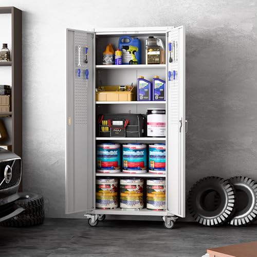 73" H Metal Storage Cabinet with Wheels, Garage Storage Cabinet with 4 Adjustable Shelves and Lockable Doors for Garage Home Office Utility Room,Required Assembly,Black