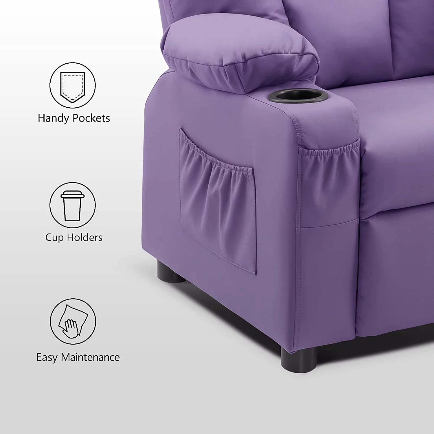 Big Kids Recliner Chair with Cup Holders for Toddler Boys and Girls, 2 Side Pockets, 3+ Age Group, Faux Leather 7322 (Violet)