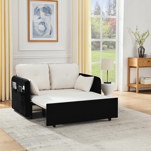 53" Convertible Sofa Bed-Velvet Pull Out Couch with Removable Armrests, 3 in 1 Loveseat Sleeper Sofa Bed, Queen Sleeper Sofa with USB Power Port, Sofa Cama Moderno with Side Pockets