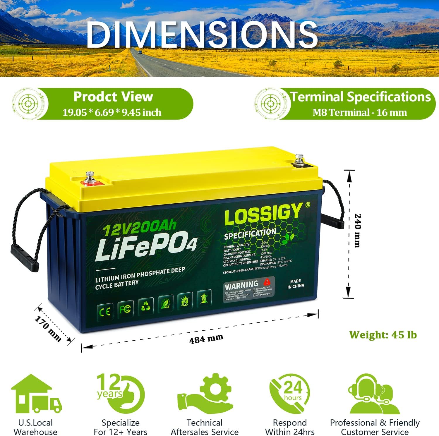 LOSSIGY LiFePO4 Battery 12V 200Ah Deep Cycle Lithium Ion Battery, Built-in 100A BMS, 4000+ Cycles, 280Amp Max, Perfectly replace all RV, Solar systems, Marine Batteries Application, Maintenance-Free