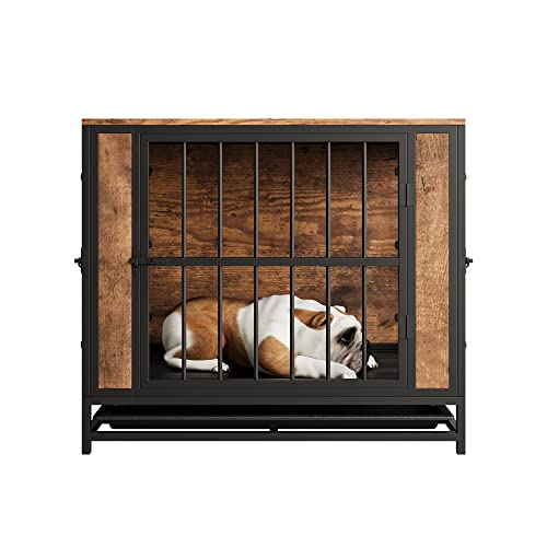 Dog Crate Furniture, Metal and Wooden Dog Crate, Dog Kennels with 3 Doors Indoor, Pet Puppy Crate End Table for Small/Medium/Large Dog, Heavy Duty Dog House, Rustic Black and Brown