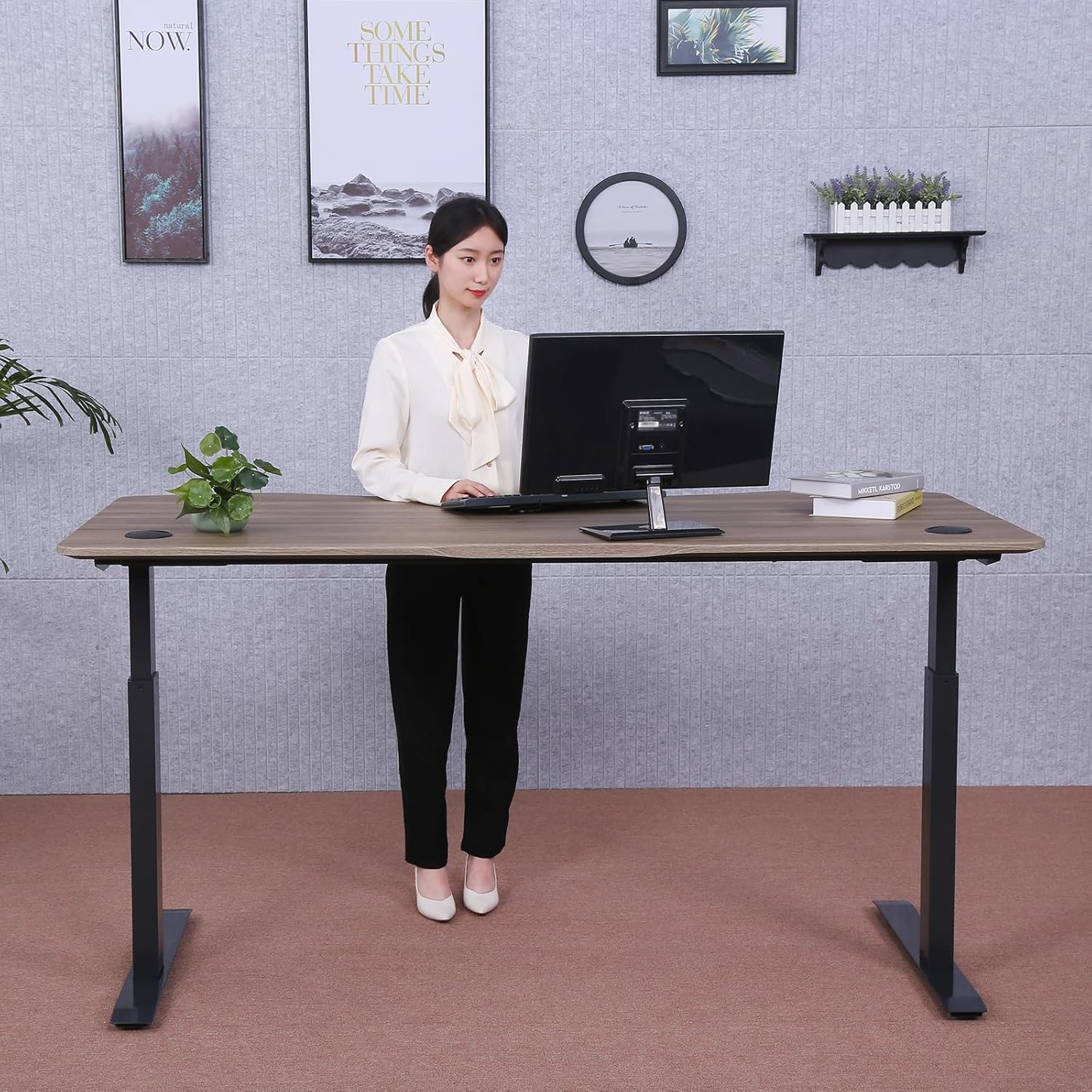 ApexDesk Elite Pro Series 71" x 33" Electric Height Adjustable Stand up Desk, Sit Stand Home Office Desk, Computer Desk - Curved Teak Top/Black Frame