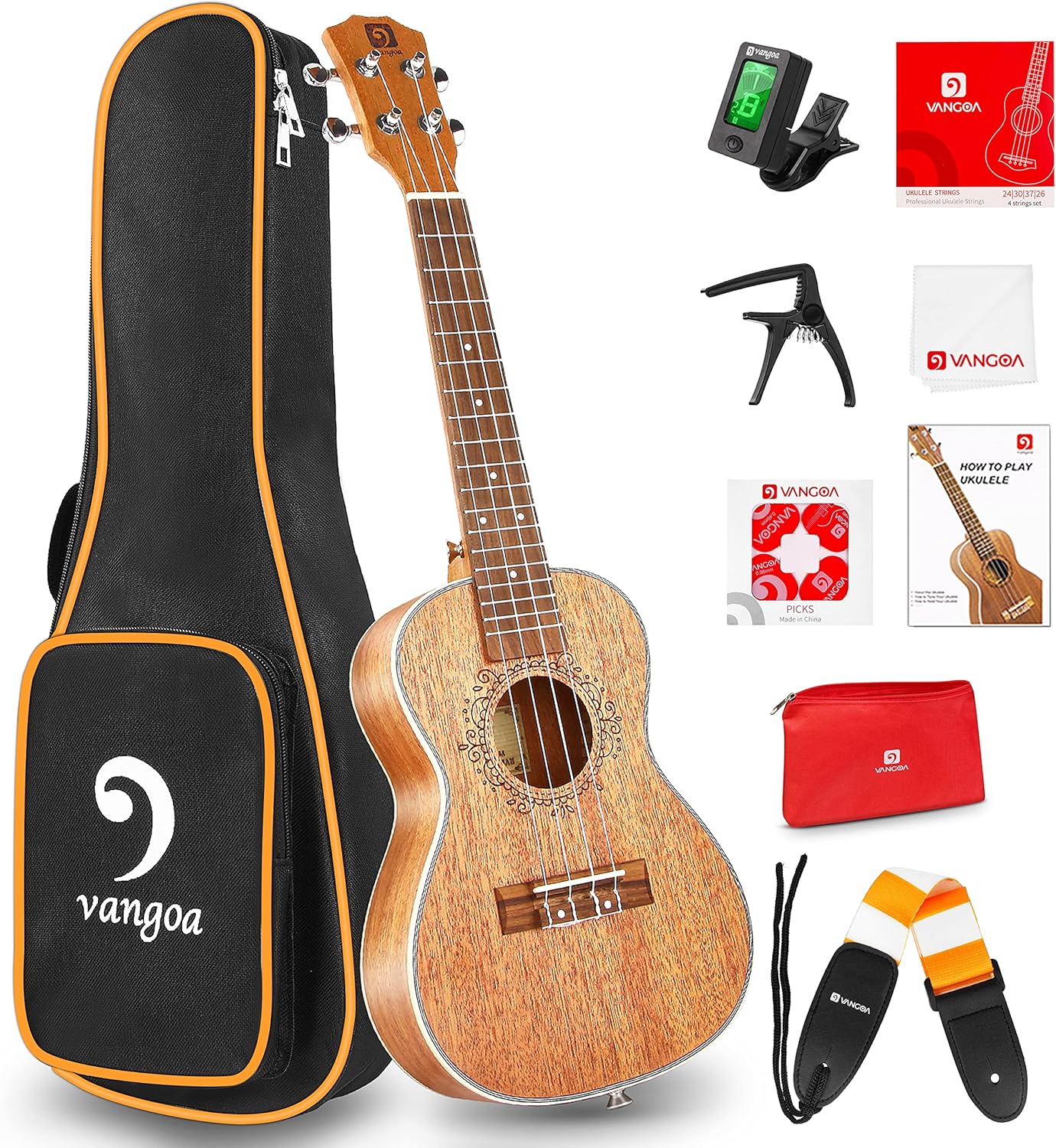 Vangoa Ukulele Concert Mahogany 23 inch and Electric Acoustic Tenor Ukulele Bundle for Beginners Adults Professional Four String Wooden Hawaiian Starter Uke Kit