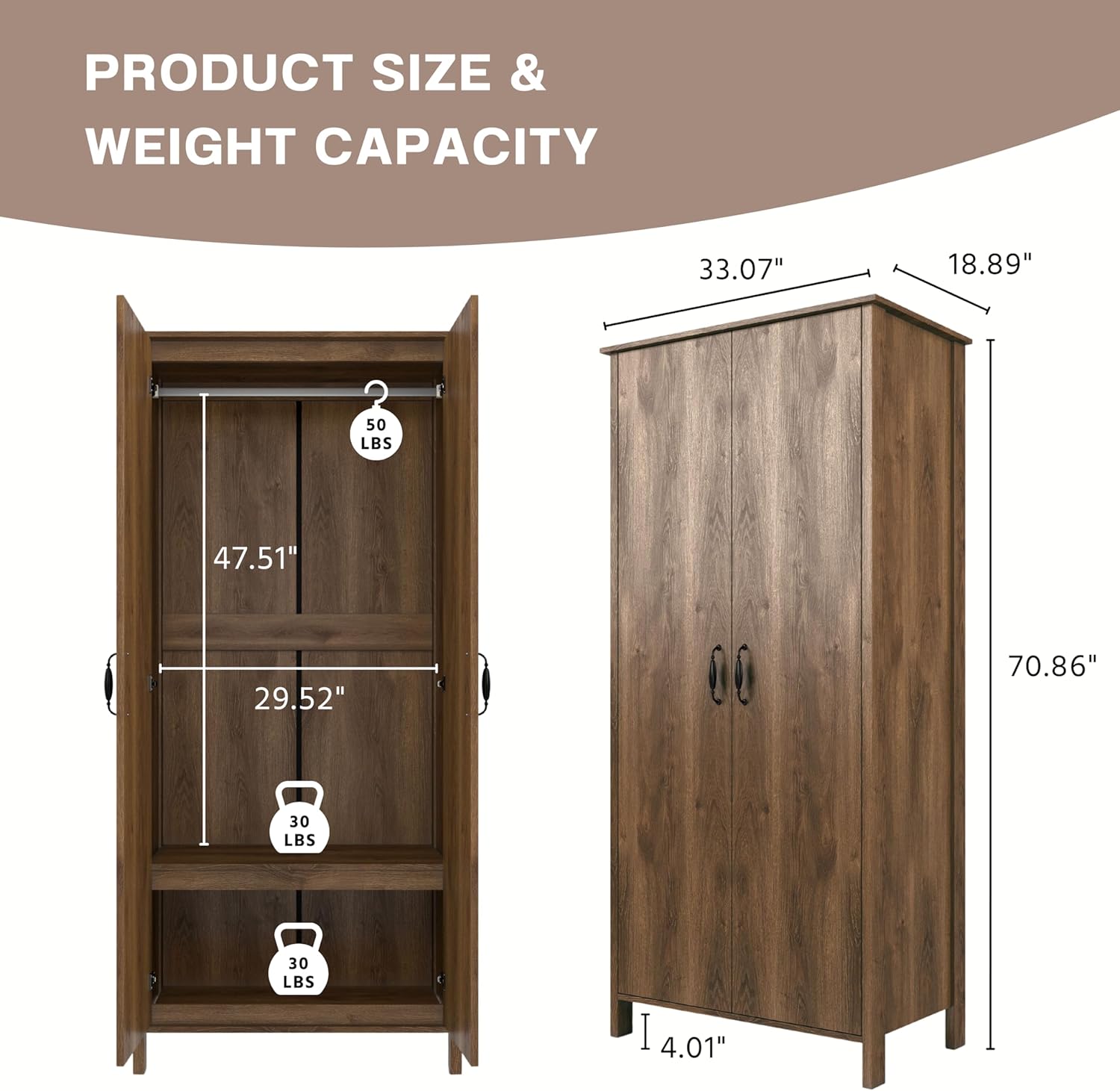 24/7 Shop at Home Piper Farmhouse 2-Doors Wood Armoire Wardrobe Closet with Fixed Shelves and Hanging Rack, Freestanding Clothes Cabinet for Bedroom, Guest room, Basement, Walnut Brown