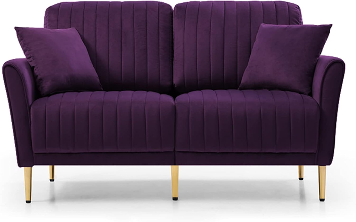 Purple Velvet Upholstered Round Arm Loveseat 2 Seat Sofa with 2 Throw Pillows