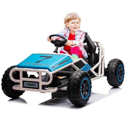 24V Ultimate Go Kart for Kids Ages 6-12, 2x200W Powerful Motor Electric Go Kart, 6MPH Outdoor Off-Road Dirt Road Electric Car,15"x11" Wide Seat, Metal Frame, Powerful Shock Absorbers, Blue