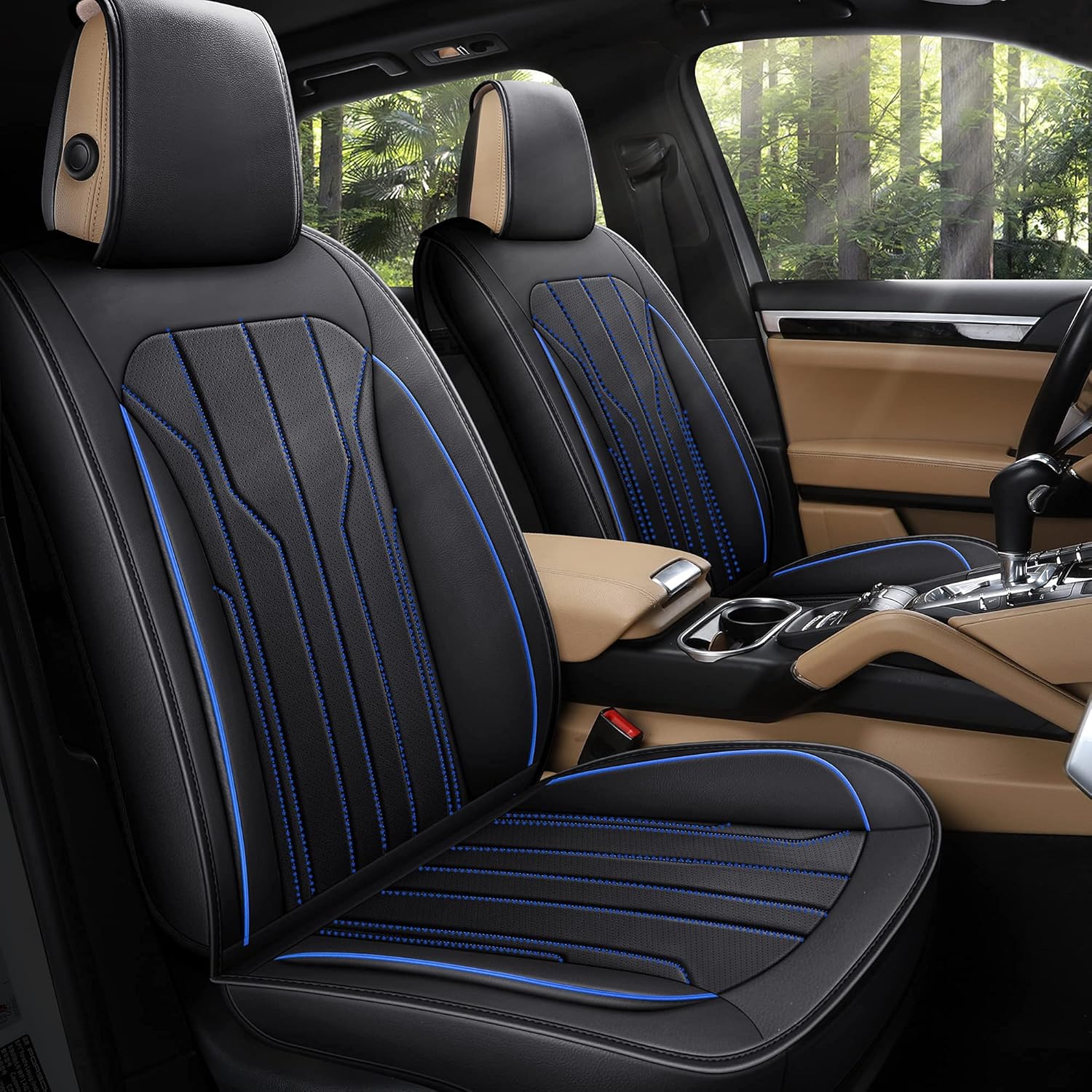 AOOG Leather Car Seat Covers, Leatherette Automotive Seat Covers for Cars SUV Pick-up Truck, Non-Slip Vehicle Car Seat Covers Universal Fit Set for Auto Interior Accessories, Front Pair, Black