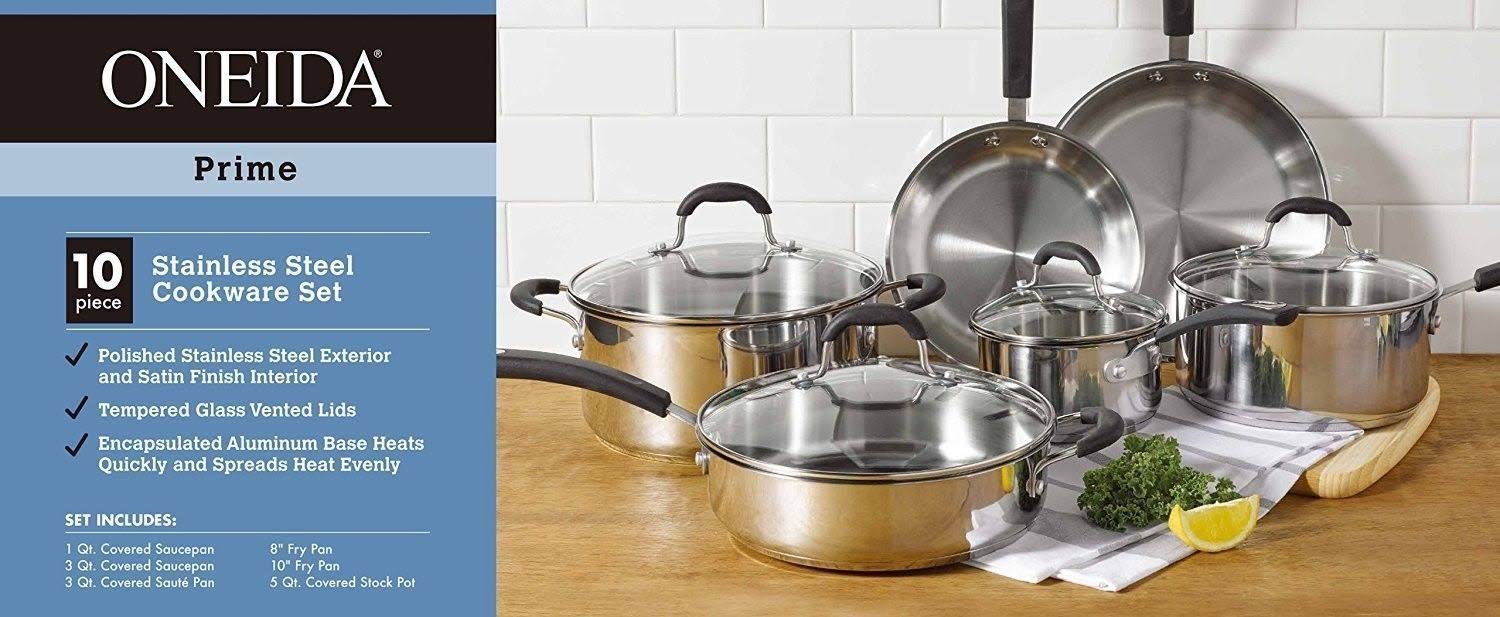 Oneida 10-Piece Stainless Steel Cookware Set with Glass Lids, Silver