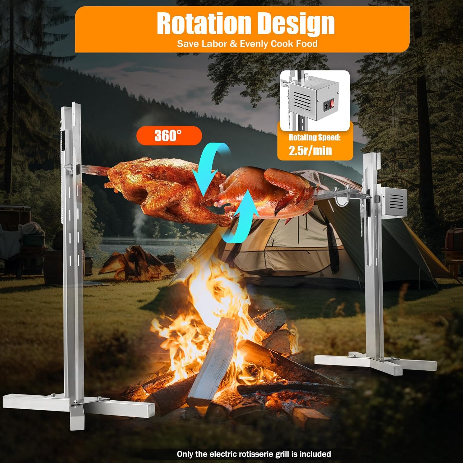 TUQI 53" Electric Rotisserie Grill 88 Lbs Capacity, Pig Lamb Spit Roaster Stand Rotisserie with Adjustable Height, BBQ Charcoal Rotisserie Grill Kit Stainless Steel for Outdoor Party Camping
