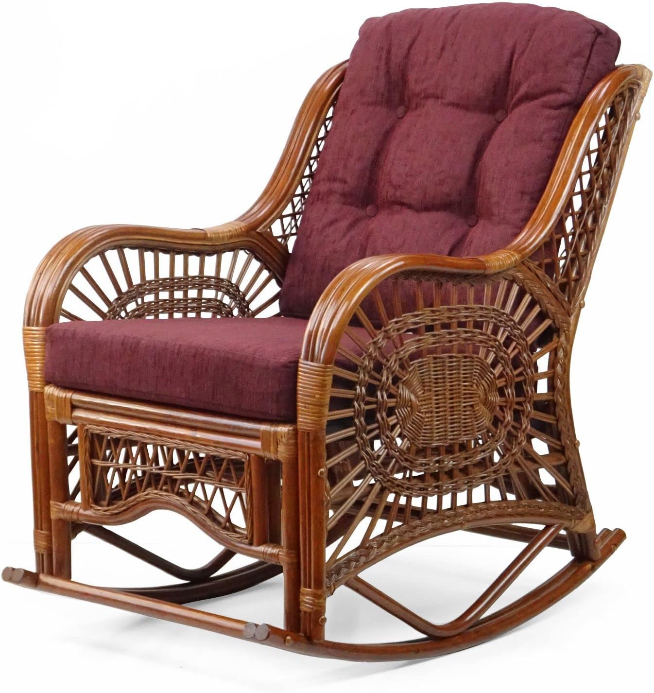 Wickerix Malibu Handmade Natural Rattan Living Room Set of 2 Rocking Lounge Chairs with Dark Brown Cushions and Round Coffee Table with Glass Colonial (Light Brown Color)