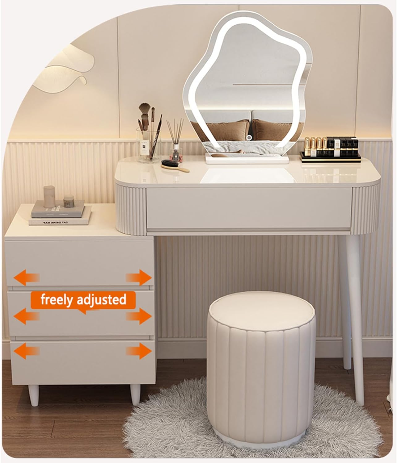 Scalable Modern Style Makeup Vanity Table with Lighted Mirror, 3 Lighting Modes Adjustable, Fashion Bedroom Large Capacity Dressing Table as for Parents Wife or Girlfriends