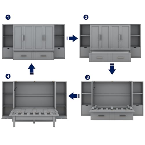 Murphy Bed Queen Size Cabinet with Storage 2 Drawers 6-Layer Shelves and USB Ports, Wood Versatile Platform Bed Frame