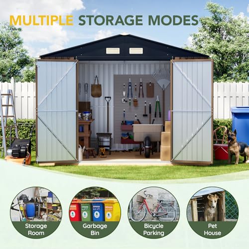 Outdoor Storage Shed 10 x 12ft. Utility Tool Shed Metal Storage Garden Shed with Lockable Doors, Windows & Metal Frame Floor for Patio Storage,Brown
