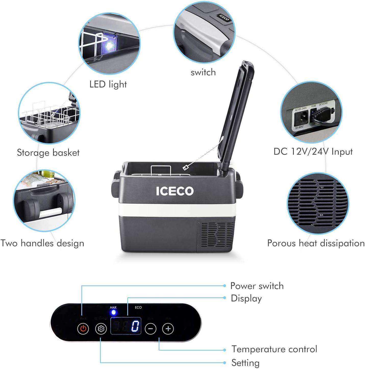 ICECO JP40 Portable Refrigerator Fridge Freezer, 12V Cooler Refrigerator, 40 Liters Compact Refrigerator with Secop Compressor, for Car & Home Use, 0℉～50℉, DC 12/24V, AC 110/240V