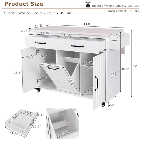 60" Kitchen Island with Drop Leaf and Power Outlet, Rolling Kitchen Cart on Wheels with Trash Can Storage Cabinet, Spice Rack, Towel Rack and Adjustable Shelf for Dining Room