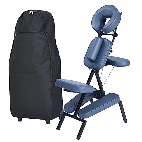 Master Massage Professional Lightweight Portable Massage Chair-Folding Foldable Aluminum Adjustable Tattoo Chair with Wheeled Carrying Case, Aluminum (Blue)