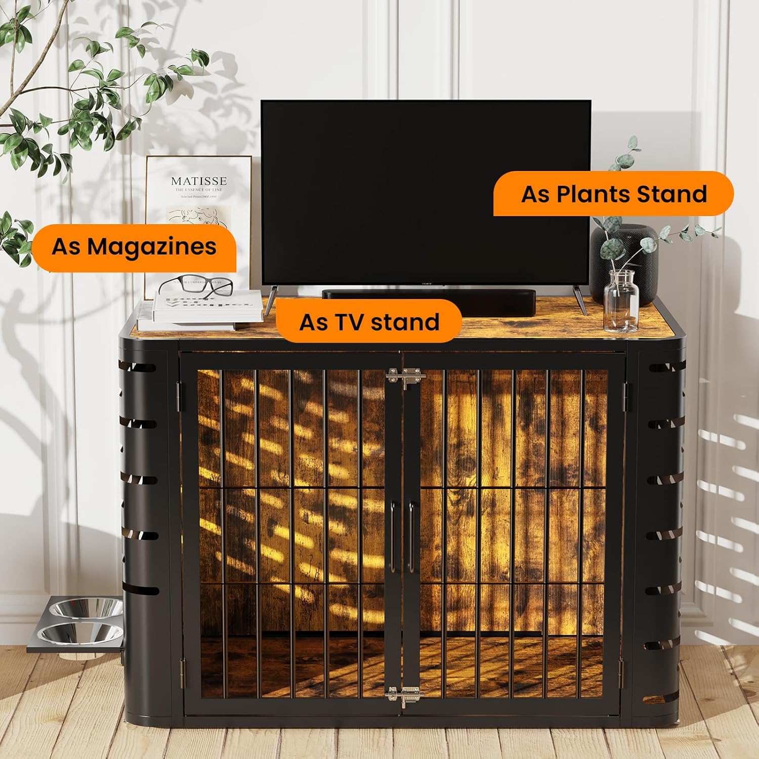 Dog Crate Furniture, 40 Inch No Screws Easy to Assemble Wooden Heavy Duty Large Dog Kennel End Table, with 360° Adjustable Bowl for Large and Medium Dogs, Chew-Resistant, Rustic Brow