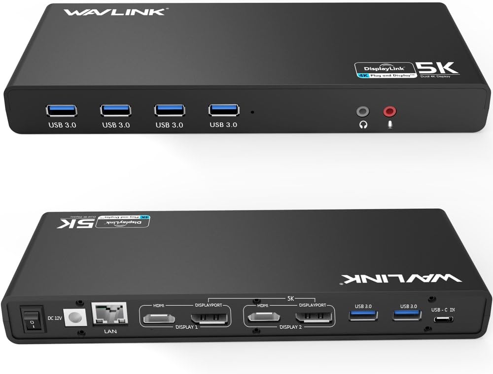 WAVLINK USB 3.0 Universal Laptop Docking Station,USB C to 5K/ Dual 4K @60Hz Video Outputs Dual Monitor for Windows and Mac,(2 HDMI & 2 DP, Gigabit Ethernet, 6 USB 3.0,Audio)