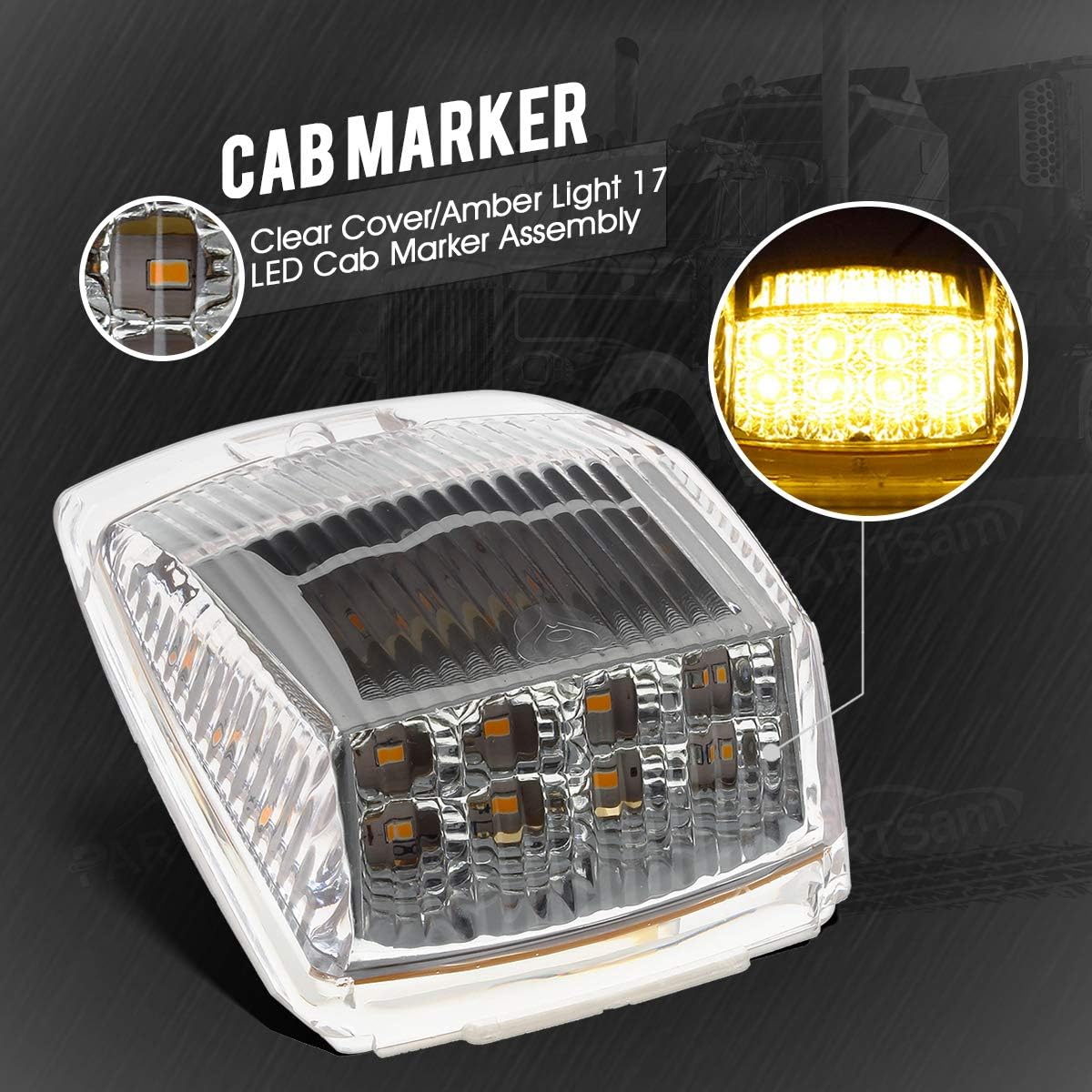Partsam 5pcs 17 LED Clear Lens 5*3.75 Amber Cab Marker Top Roof Running Truck Cab Light Waterproof Top Reflective Lights Compatible with Peterbilt/Kenworth/Freightliner/Mack/