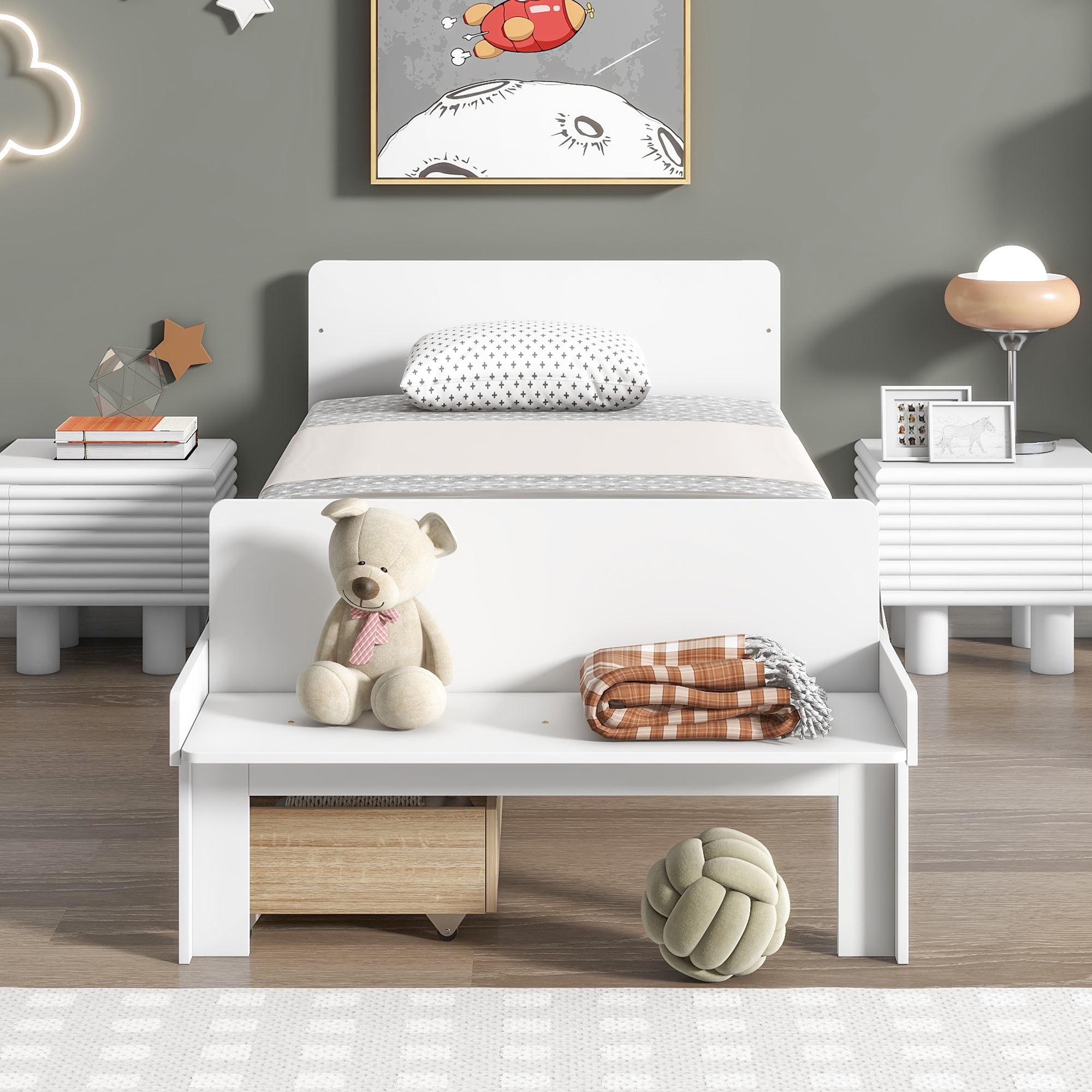 Royard Oaktree Twin Size Bed Wood Platform Bed Frame with Headboard and Footboard Bench Modern Bed Frame with 2 Storage Drawers, White