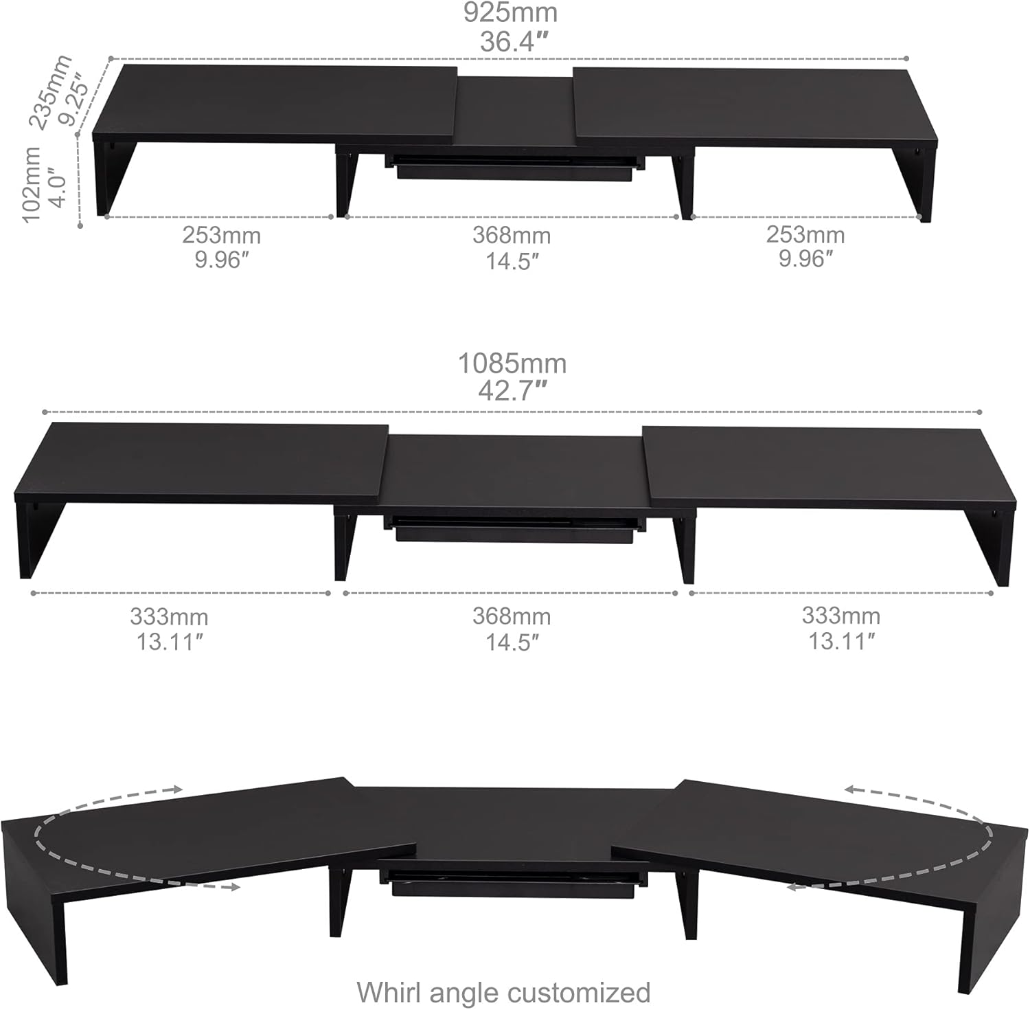 FITUEYES Dual Monitor Stand &ndash; 3 Shelf Computer Monitor Riser, Wood Desktop Stand with Adjustable Length and Angle, Desk Accessories, Office Supplies Medium Black, with Storage Drawer