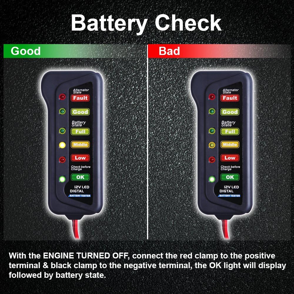 Cartman 12V Car Battery Alternator Tester, Test Battery Condition & Alternator Charging, LED Indication Pack of 2