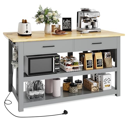 47.3" Solid Rubberwood Kitchen Island with Power Outlets - Extra Large Work Surface, 2 Drawers & Open Shelves Storage Cabinet for Kitchen Dining Room, Farmhouse Style (Grey)