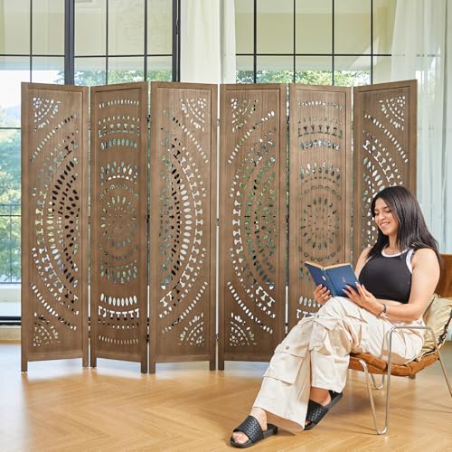 Room Divider Wood Carved Wall Divider Indoor Folding Bohemian Style Portable Partition Screen for Home Office Garden Terrace - 6 Panels (Antique, White-Washed)