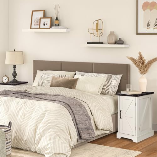 VOWNER 2PCS Farmhouse Nightstand with Charging Station, 17" Rectangular End Table with Barn Door, Wood Rustic Sofa Side Table for Living Room, Bedroom, White