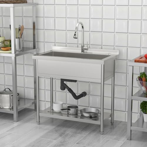 Lordear Stainless Steel Utility Sink 24 Inch - 24"x21" Freestanding Stainless Steel Kitchen Sink Single Bowl Commercial and Residential Use for Laundry Room Garage Outdoor and Kitchen