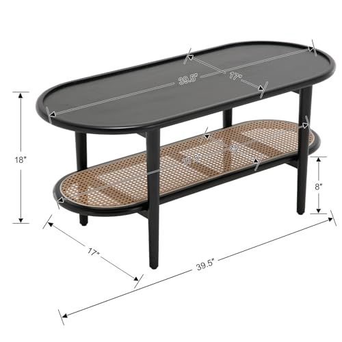 Rattan Wood Mid Century Modern Coffee Table, 39.5" Oval Center Table with Cane Wicker Storage Shelf for Living Room, Indoor, Home Décor (Walnut)